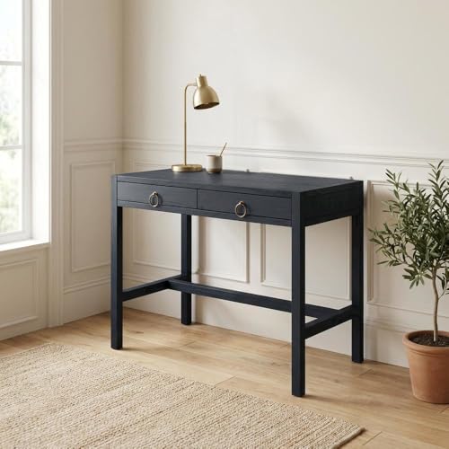 Image of Transitional Writing Desk with 2 Drawers, Acacia Wood Home Office Computer Workstation in Blue with MDF Construction