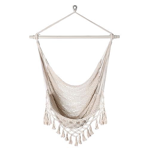 Bathonly Handwoven Cotton Rope Hammock Chair with Metal Spreader Bar, Boho Hanging Chair Bedroom, Indoor Outdoor Swing Chair with Tassle, SandyBeach White
