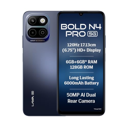 Image of Lava Bold N4 Pro 5G (Monaco Blue, 6GB RAM, 128GB Storage) | 50MP AI Rear Camera | 6000mAh Battery with 18W Fast Charge | 500K+ Antutu | IP64 Rated |Clean Android 16 | Free Service @ Home