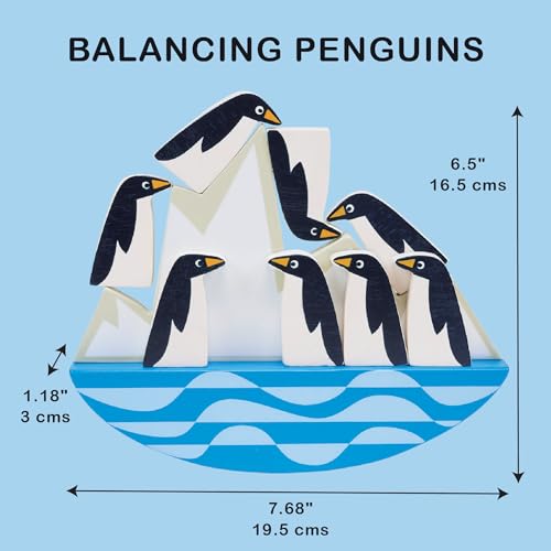 Image of Mentari Wooden Balancing Toy with 8 Penguins on Rocking Iceberg, 7.68-inch Length, Imaginative Play