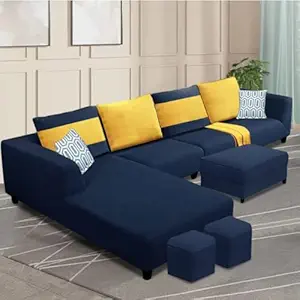 CASASTYLE- Minacs 8 Seater Fabric LHS L Shape Sofa Set with 1 Centre Table & 2 Puffy (Dark Blue)