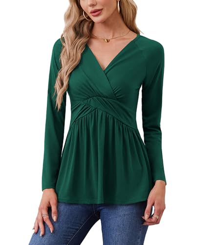 TIANZHU Women’s Wrap Tunic Top Elegant V-Neck Long Sleeve Shirt Empire Waist Flowy A-Line Babydoll Style for Vacation, Dark Green, Size 8-10