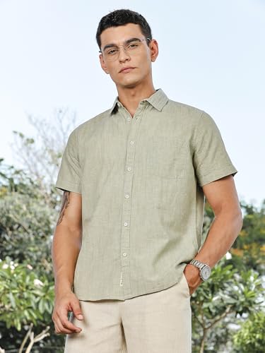 Image of Thomas Scott Men's | Solid | Linen Blend | Slim Fit | Short Sleeve | Spread Collar | Casual |Shirts for Men