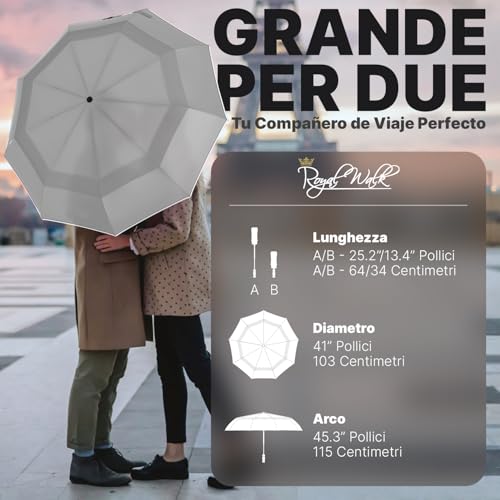Royal Walk Ombrello Da Viaggio Pieghevole Antivento, Compatto E Resistente, Con Manico In Vero Legno, Apertura Automatica, Chiusura Automatica, Doppia Tettoia Per Uomini E Donne, Grigio, L, Moderno - 2