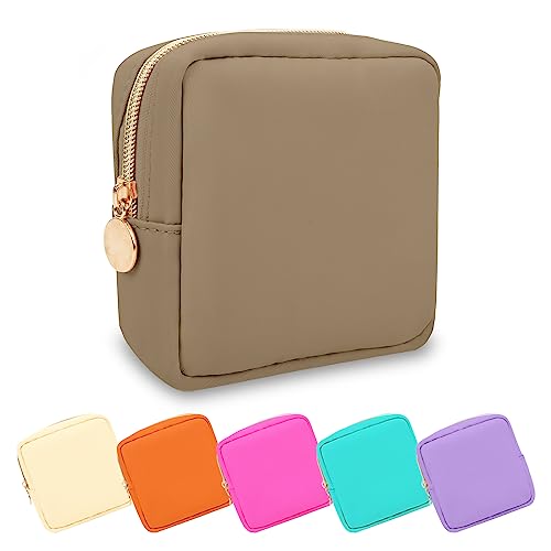 UIXIZQ Mini Makeup Pouch for Purse, Small Cosmetic Bag Pouch Nylon Travel Toiletry Organizers for Women Girls, Cute Zipper Pouch Coin Purse Preppy Storage Bag for School Work(Mini-Khaki)