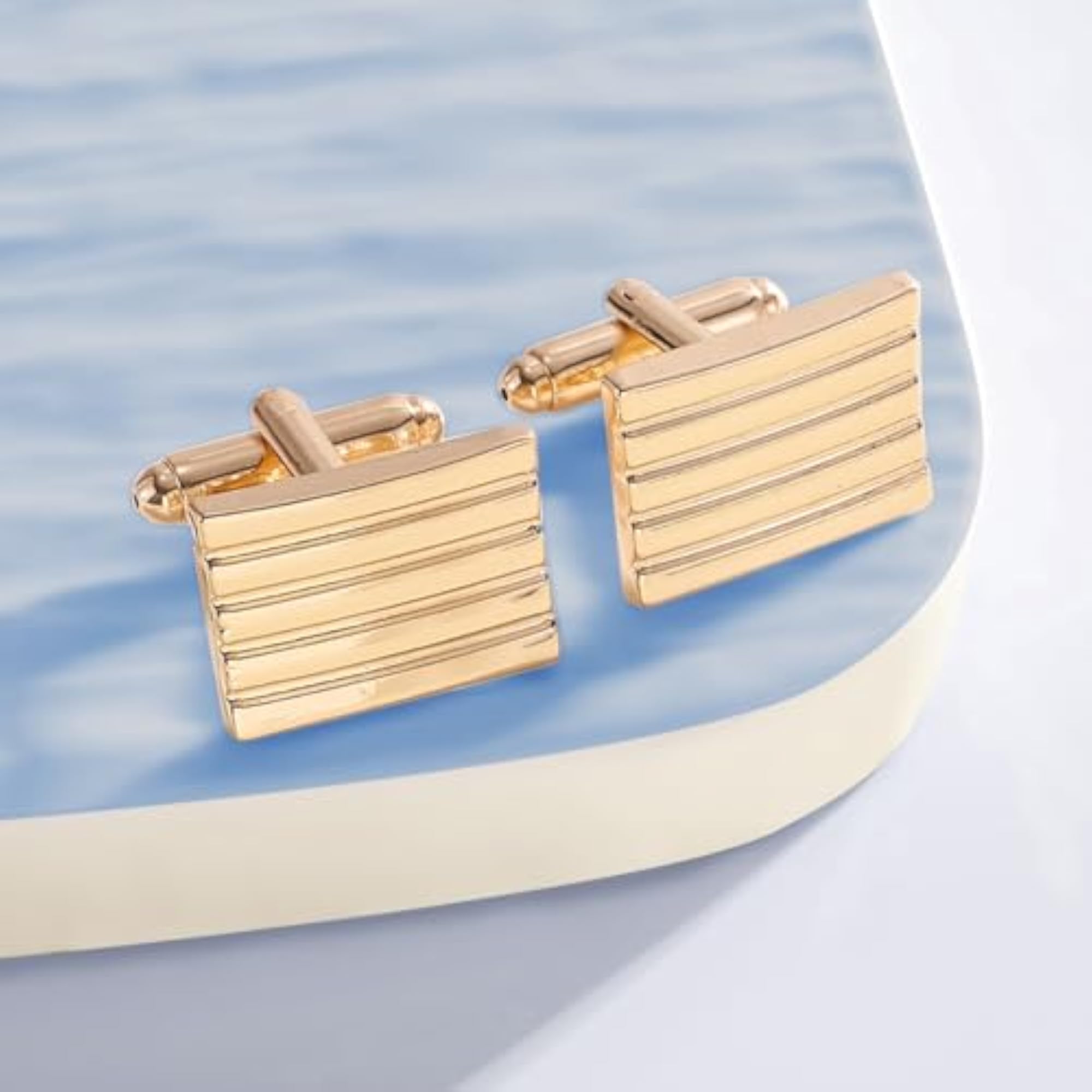 Men's Gold Plated Stainless Steel Striped Rectangle Cufflinks, Classic Gift