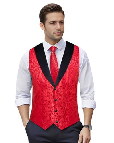 Image of DiBanGu Mens Paisley Suit Vest Silk Jacquard Waistcoat and Necktie Set Formal Shawl Collar Dress Vest 7PCS for Wedding Party