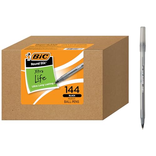 BIC Okrągłe długopisy atramentowe Stic Xtra Life, średni punkt (1,0 mm), czarne długopisy, elastyczna okrągła beczka do komfortu pisania, 144 szt