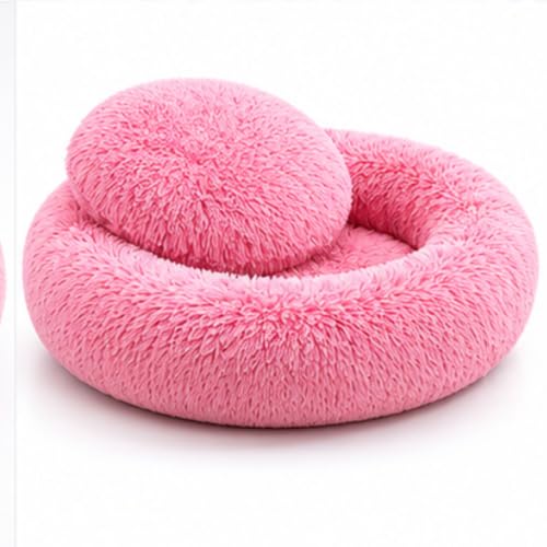 Image of Calming Pet Bed for Dogs & Cats, Round Donut Dog Bed, Soft Faux Fur Plush Cushion, Supportive Bolster Edges, Reversible Dual-Side Comfort, Washable Pet Sleeping Bed, Pink, Small