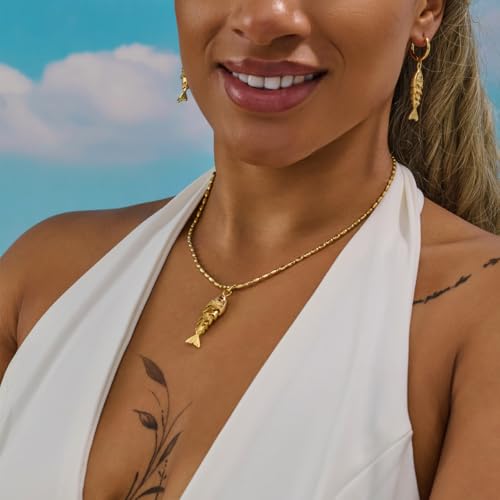 Seashell Necklace for Women, Gold Statement Fish Shell Pendant Necklace Beach Summer Shell Jewelry4