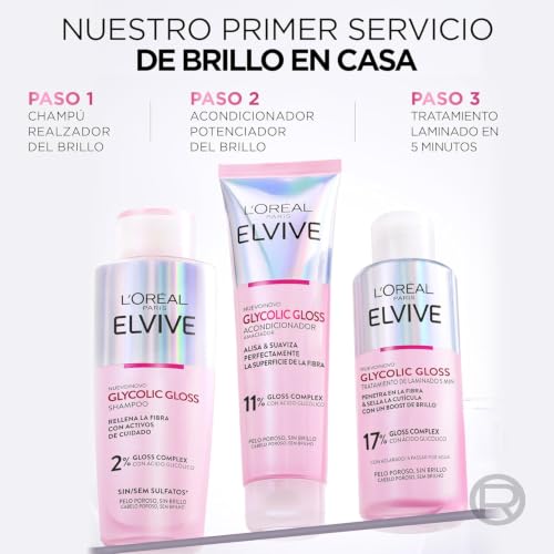 Miniatura 3 de L'Oréal Paris Elvive Glycolic Gloss Rutina Completa con Ácido Glicólico | Pack Champú sin sulfatos, Acondicionador y Tratamiento, Brillo Efecto Espejo, Para Cabello Poroso, Elvive Glycolic Gloss