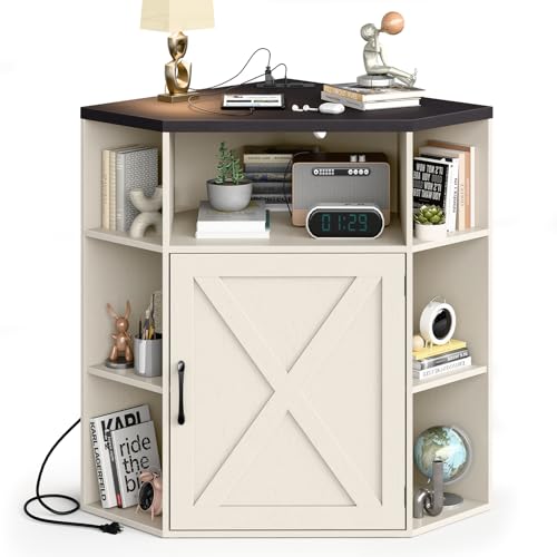 Image of Halitaa Corner Storage Cabinet, Farmhouse Corner Bookshelf with Storage 6-Cubby Wooden Cabinet with USB Ports and Outlets Industrial Organizer for Small Space, Study, Playroom, Living Room