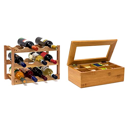 Relaxdays klein, Flaschenregal 12 Flaschen Wein, 28 x 21 x 42 cm & Teebox aus Bambus H x B x T: ca. 9 x 28 x 16 cm Teekasten mit 8 Fächern Teebeutelbox aus Holz mit Deckel samt Sichtluke Teekiste