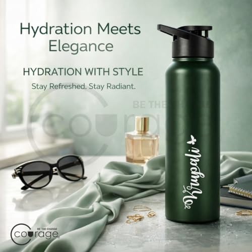 Image of COURAGE Stainless Steel Customize Sipper Water Bottle 1Liter Leak Proof for Fridge Home Office Travel School Kids Boys Girls Adults Sports Gym Yoga - Green