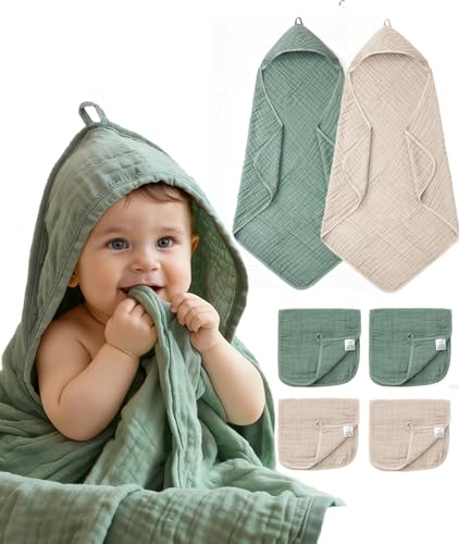 FAVERDIIY 6 PCS Baby Towels and Washcloths Set, 2 PCS Baby Hooded Towels & 4 PCS Washcloths Set, Ultra Soft & Highly Absorbent Bath Bath Towel for Newborn, Infant & Toddler, Shower Gifts Essentials