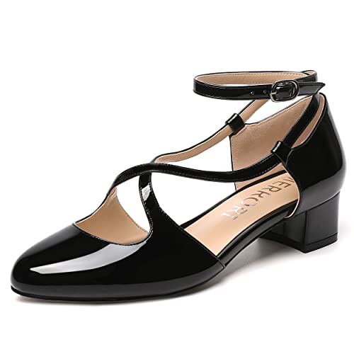 MERRORI Womens Patent Office Ankle Strap Buckle Solid Round Toe Casual Chunky Low Heel Pumps Shoes 1.5 Inch