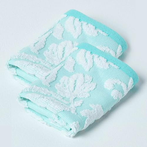 HOMESCAPES Pack of 2 Luxury Turquoise Face Cloths 100% Turkish Cotton Patterned Wash Cloth Super Soft & Absorbent Extra Thick 600GSM Flannel Ringspun Aqua Towel with Damask Pattern