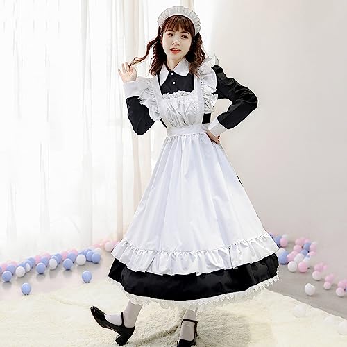 Uillui Japanese Women Maid Outfit Cosplay Costume Victorian Princess Dresses Apron with Headwear Halloween Ren Fair Costumes Black