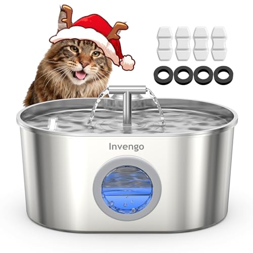Invengo Katzenbrunnen Edelstahl, Trinkbrunnen für Katze mit 2 Trinkstellen, LED-Anzeige, Wasserstandsanzeige und 5-Fach Filtersystem - Leiser Trinkbrunnen für Katzen und Kleine Hunde, 2.2L Invengo Katzenbrunnen Edelstahl, Trinkbrunnen für Katze mit 2 Trinkstellen, LED-Anzeige, Wasserstandsanzeige und 5-Fach Filtersystem - Leiser Trinkbrunnen für Katzen und Kleine Hunde, 2.2L