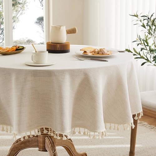 YZJZEDS Tassel Linen Round Table Cloth, Light Tan 60 Inch