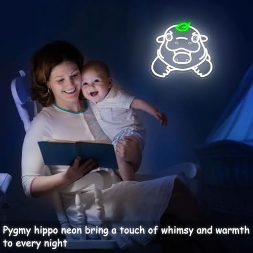 Image of Cute Hippo Neon Sign, Pygmy Hippo Neon Light Signs for Wall Decor, Dimmable Creative Hippopotamus Night Light with Green Leaf Led Signs for Kids Adults Fans Presents Living Room Bedroom Birthday Party