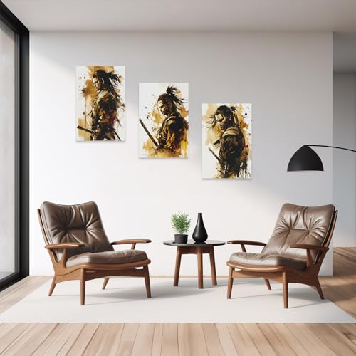 Image of CCWACPP 3 Piece Samurai Wall Art Japan Painting Canvas Print Warrior Figure Pictures Bushido Posters Japanese Culture Theme Artwork Home Room Decor Framed (B, (16 inchx24 inchx3))