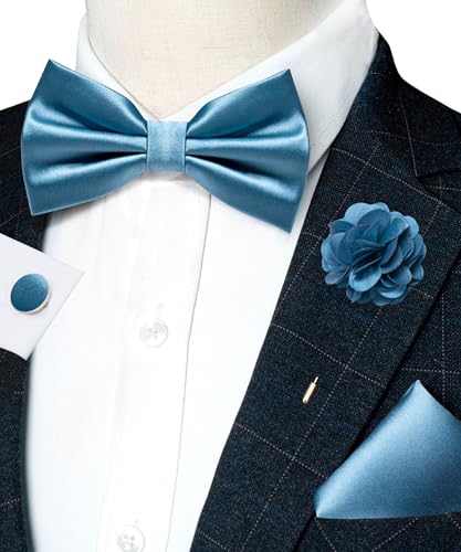 Image of RBOCOTT Solid Color Bow Tie and Pocket Square with Lapel Pin Cufflinks Set 4PCS