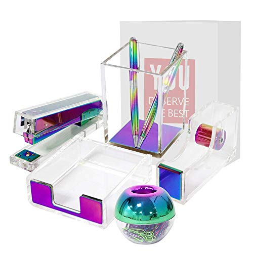 Multibey Rainbow Acrylic Office Supplies for Women Tape Dispenser Stapler, Pen Pencil Holder, Magnetic Paper Clip Dispenser, Sticky Note Holder Desk Accessories Organizer Stationery Kit Set (Colorful)
