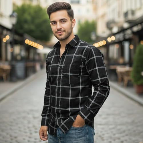 Image of Pack of 2 Men's Cotton Fabric Button-Down Full Sleeve Collar Neck Regular Fit Checked Print Shirt