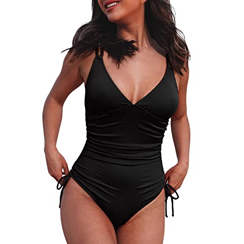 Traje de Baño Mujer Alta Bañador Natacion Traje de baño con Cuello en V para Mujer Corte con Lateral Acanalado Bañador Pecho Grande Bañadores Natacion (Negra XL)