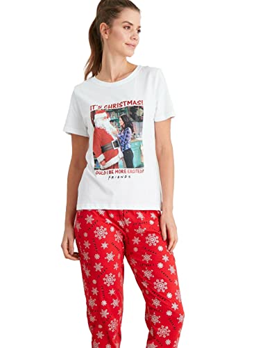 FRIENDS Pyjama Set Cotton Christmas Loungewear Ladies Short Sleeve Top Elasticated Bottoms Xmas PJs (14) White