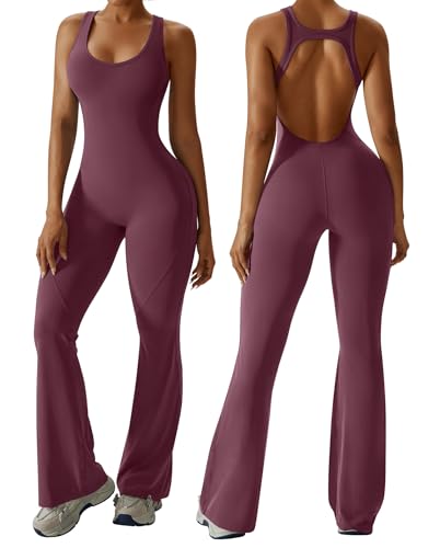 OEAK Womens Flare Jumpsuit with Bra Tummy Control Cutout Romper Workout Outfit Sleeveless Unitard One Piece Backless Bodysuit