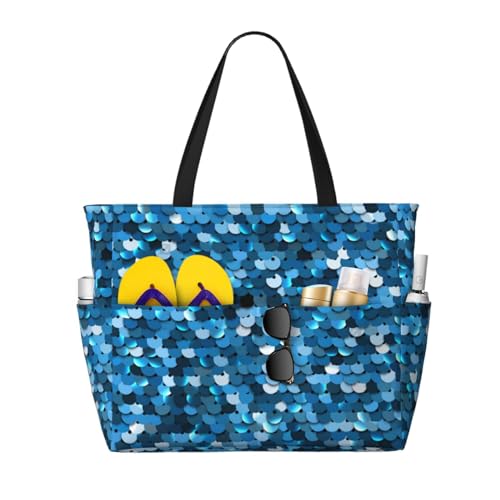 Sac de plage bleu vintage à paillettes, le grand cabas femme qui sublime chaque instant