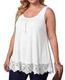 Plus Size Tank Tops for Women Loose Fit 2025 Summer Lace Trim Sleeveless Tunic Tops Dressy Shirt Blouse(White,2X)