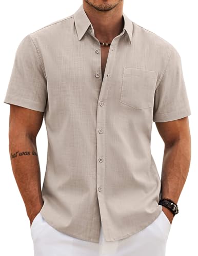 Image of COOFANDY Men's Button Down Short Sleeve Shirt Casual Cotton Summer Beach Wedding Linen Shirts with Pocket