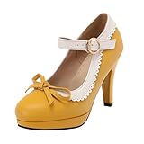 Women's Platform Stiletto Heels Pumps Cute Bow Color Block Kitten Heels Casual Round Toe Ankle Strap Shoes Summer Fashion Party Dress Shoes Yellow