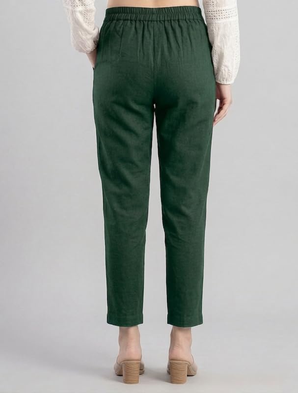 Image of Solid Cotton Woman Trousers Pants Regular Fit Kurti Pant with Drawstring Daily Office Formal Casual Use