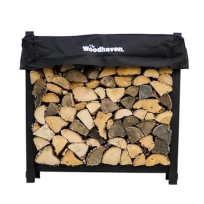 Woodhaven 3 Foot Black Firewood Rack With Cover - Metal Log Holder - Made In USA - Strong Powder Coat Finish - Indoor Outdoor Firewood Storage