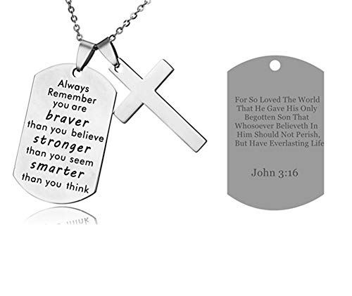 LiFashion LF Stainless Steel John 3 16 Scripture You are Braver Necklace Bible Verse Dog Tag Pendant Christian Cross Sentimental Inspirational Necklace for Engagement Baptism Gift