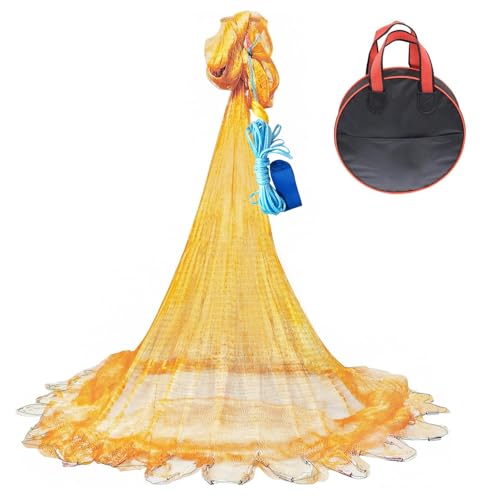 FishingPepo 4FT Nylon Multfilament Cast Net, 3/8 inch Mesh American Style Hand Throwing Fishing Net with Zinc Plated Weights for Freshwater and Saltwater Bait Fish