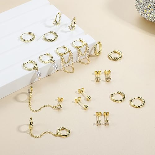 HAIAISO Small 14K Gold Plated Huggie Hoop Earrings for Women Lightweight Double Piercing Chain Earrings Dainty Stud Earrings Hypoallergenic 14K Gold Plated Hoop Earrings Set3