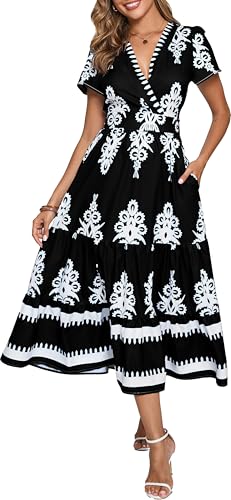 Image of Floral Print Dress for Women Boho Long Dresses Flowy A line Dresses Fit for Office and Casual Vacation Cocktail Party Prom