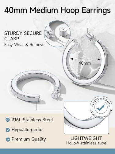 Image of Stainless Steel Chunky Hoop Earrings For Women, Minimalist and Chic, Black /Gold Plated, Round Hoops Earrings Hypoallergenic, Size: 30mm /40mm /60mm /80mm, Come with Box