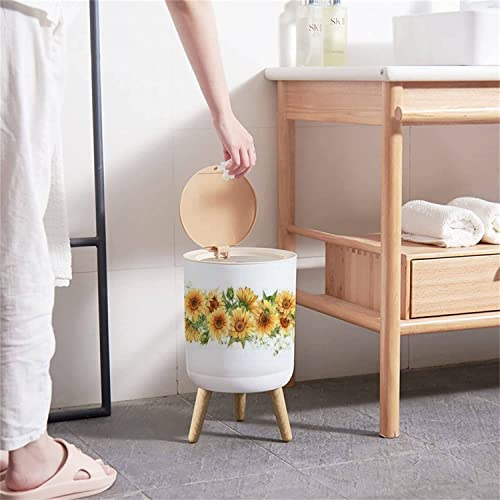 Image of Small Trash Can with Lid Sunflower seamless Watercolor horizontal border Yellow rural flowers Round Recycle Bin Press Top Dog Proof Wastebasket for Kitchen Bathroom Bedroom Office 7L /1.8 Gallon