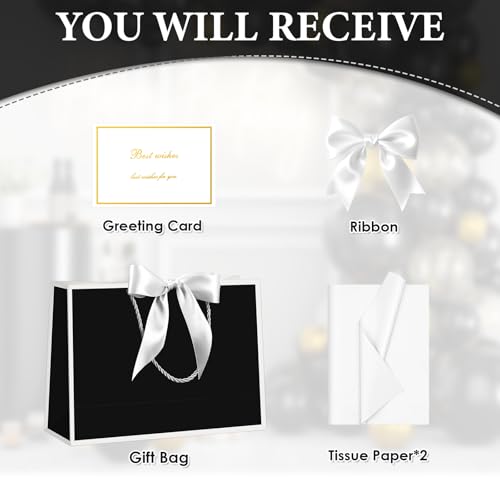 Image of JMANNI Gift Bags with Handles, 13 inch Medium Gift Bag for Presents, 1 Pcs Bags with 2 Tissue Paper and 1 Cards for Baby Shower Wedding Bridal Shower Mother's Day Birthday Party (black-white