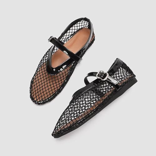 ChaiRong Zhou Women Summer Ventilate Mesh Mary Jane Flats Fishnet Ballerina Flats Buckle Strap Causal Dress Shoes3
