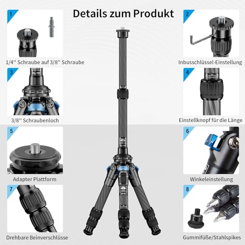 SIRUI AM-223+SL-100 Mini Carbon Tisch Stativ mit ausziehbarer Mittelsäule,Leicht Foto Ministativ Tischstativ für Kameras, Drehverschlüsse, Spikes, max. 660mm eingezogen 215mm, Tragkraft 12kg