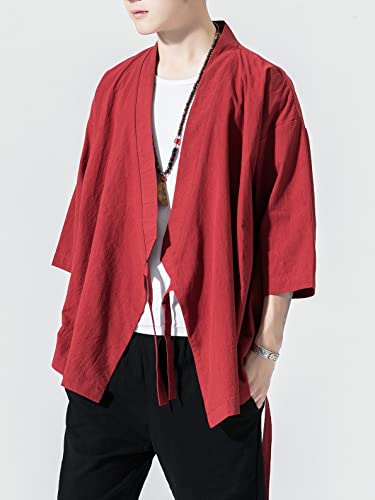 Image of Men's Japanese Kimono Cardigan Loose Cotton Linen 3 /4 Sleeve Open Front Casual Summer Shirt Jackets