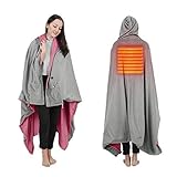 Wearable Electric Blanket, Portable Poncho Wrap, Cordless Rechargeable Heated Shawl Blanket, Super Soft & Warm Fleece, Home Office & Travel Use, Machine Washable (Large Hooded Blanket, Pink)
