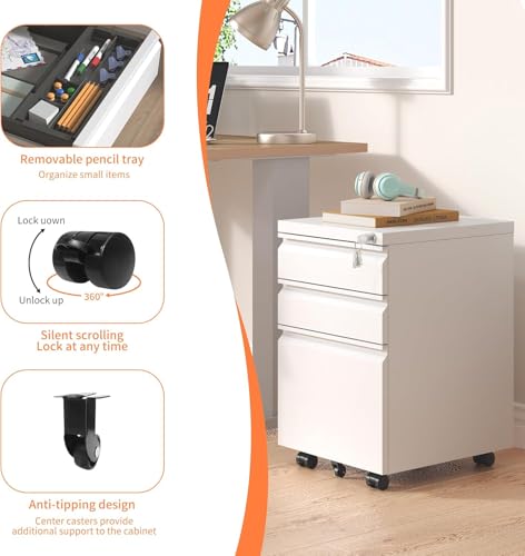 Image of Guizeeopo 3 Drawer File Cabinet with Lock, File Cabinets for Home Office,Under Desk Cabinet, Locking File Cabinet for A4 /Letter /Legal, Fully Assembled Expect Casters, Matte White